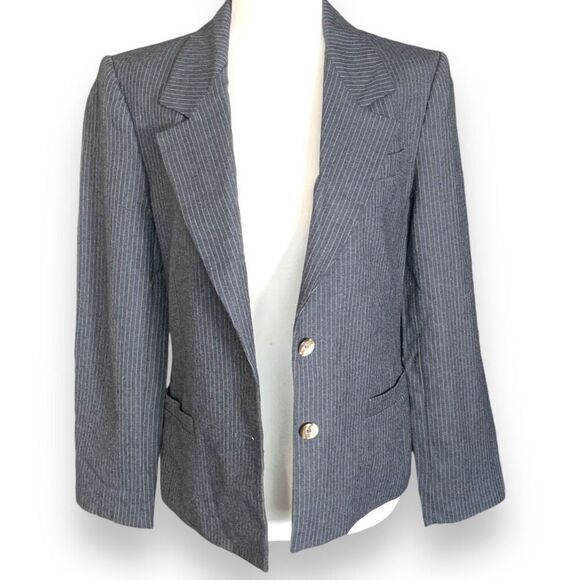 Vintage 80s Wool Pinstripe Blazer Jacket Dark Gray Oversized Structured Size 6 - Picture 7 of 12